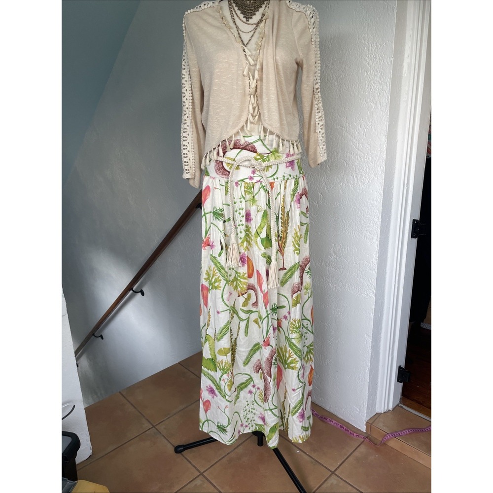 Rachel Zoe Botanical Print Linen Blend Maxi Skirt Rope Belt Small With Pockets